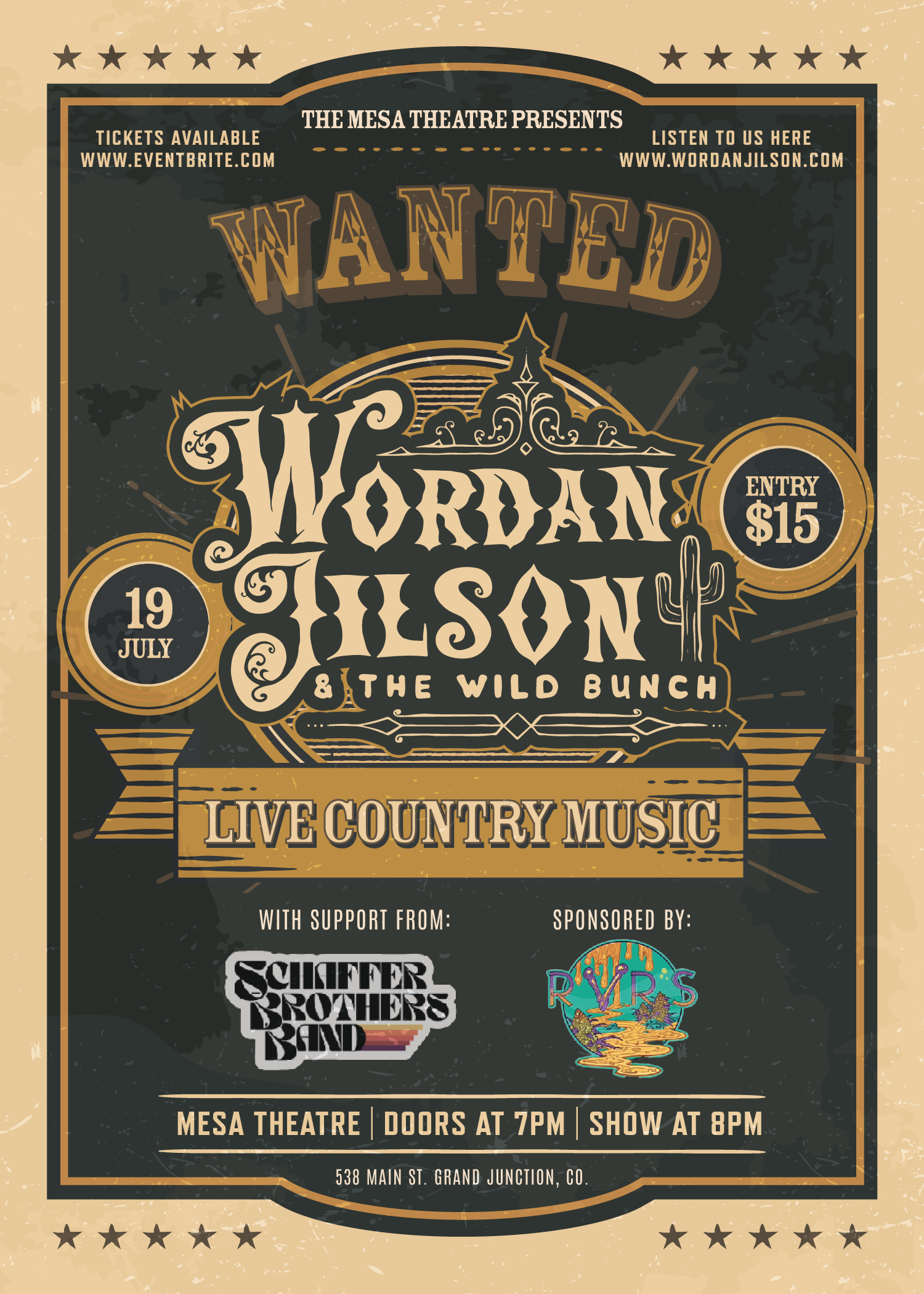 Vintage poster advertising a country music concert by Wanted Johnny & The Wild Bunch, scheduled for July 19th at the Mesa Theatre with support from Schiffer Brothers Band and sponsored by RVRS, with doors opening at 7 PM and show starting at 8 PM, lo