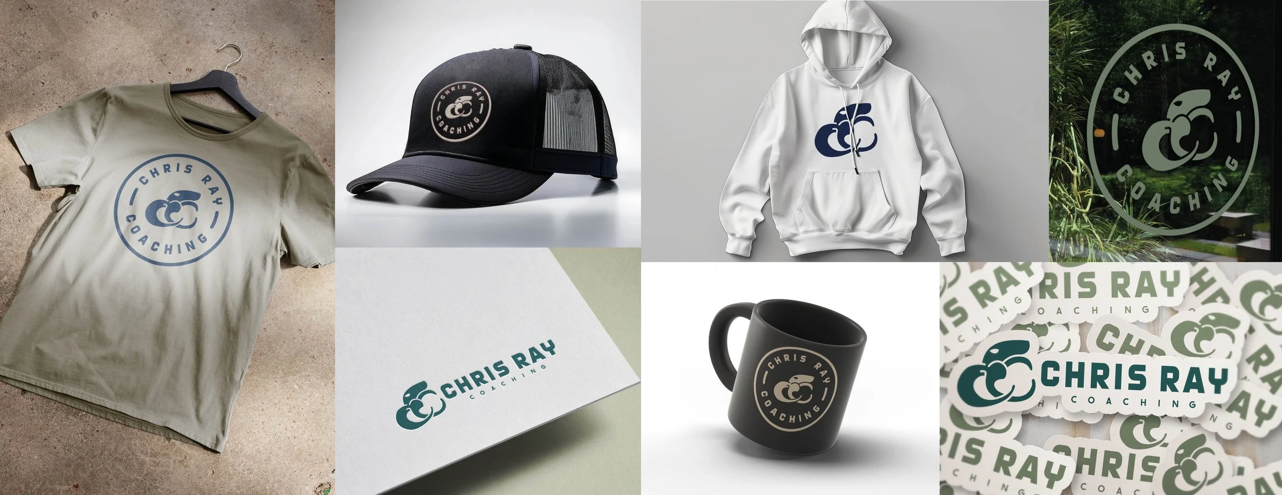 Collection of branding merchandise for Chris Ray Coaching, including a beige T-shirt, black mesh trucker cap, white hoodie, black coffee mug, and stickers, all featuring the company's logo with a stylized gorilla and bold text.