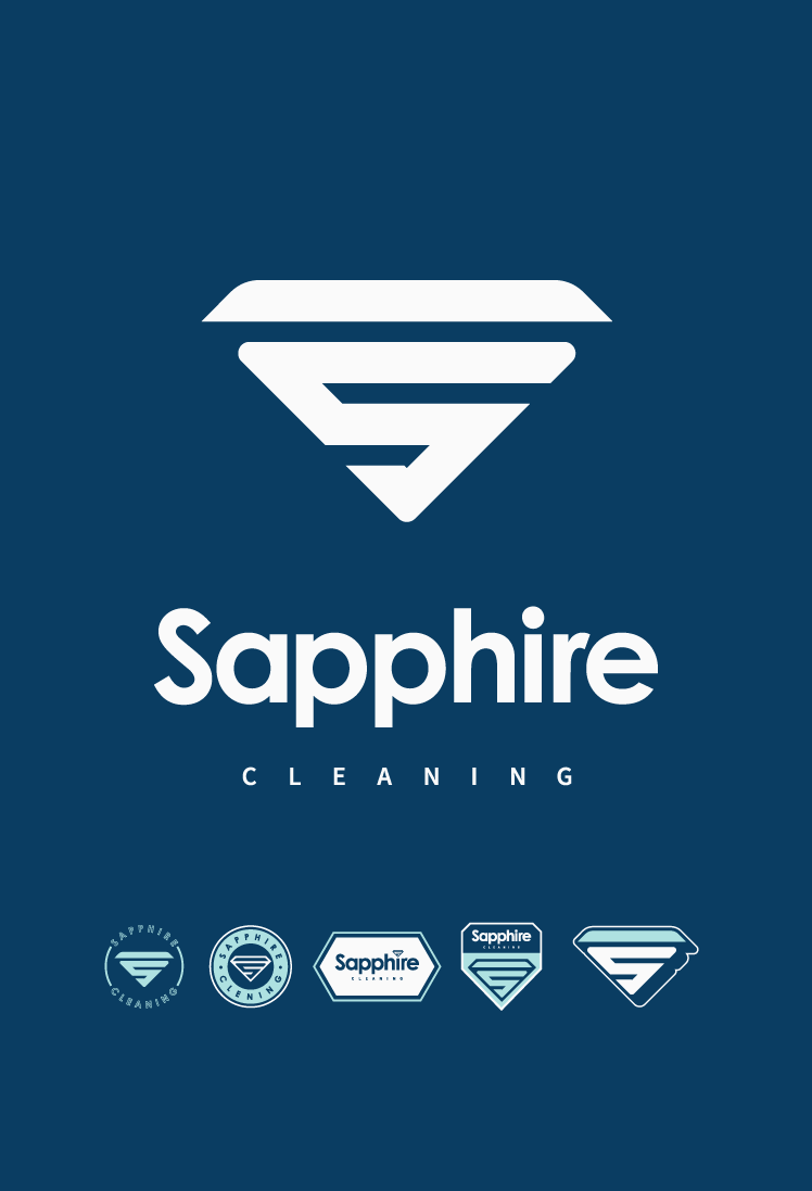Sapphire Cleaning brand logo featuring a stylized 'S' with a superhero shield shape, in white on a blue background, with the text 'Sapphire' and 'CLEANING' below, and five smaller logo variations at the bottom.