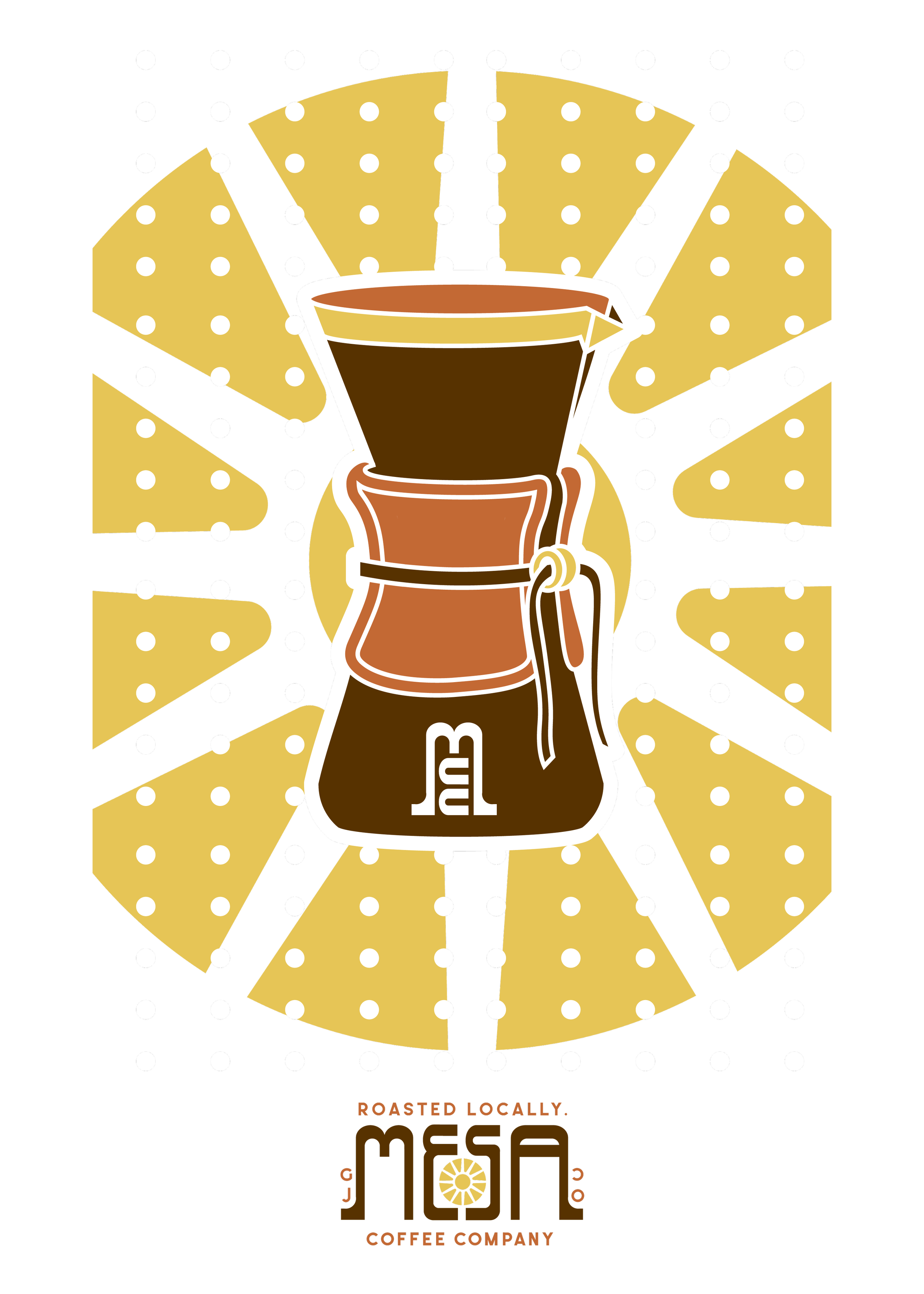 Illustration of a Chemex coffee maker with a coffee splash behind it, the logo of MESO Coffee Company, and the text "Roasted Locally" at the top.