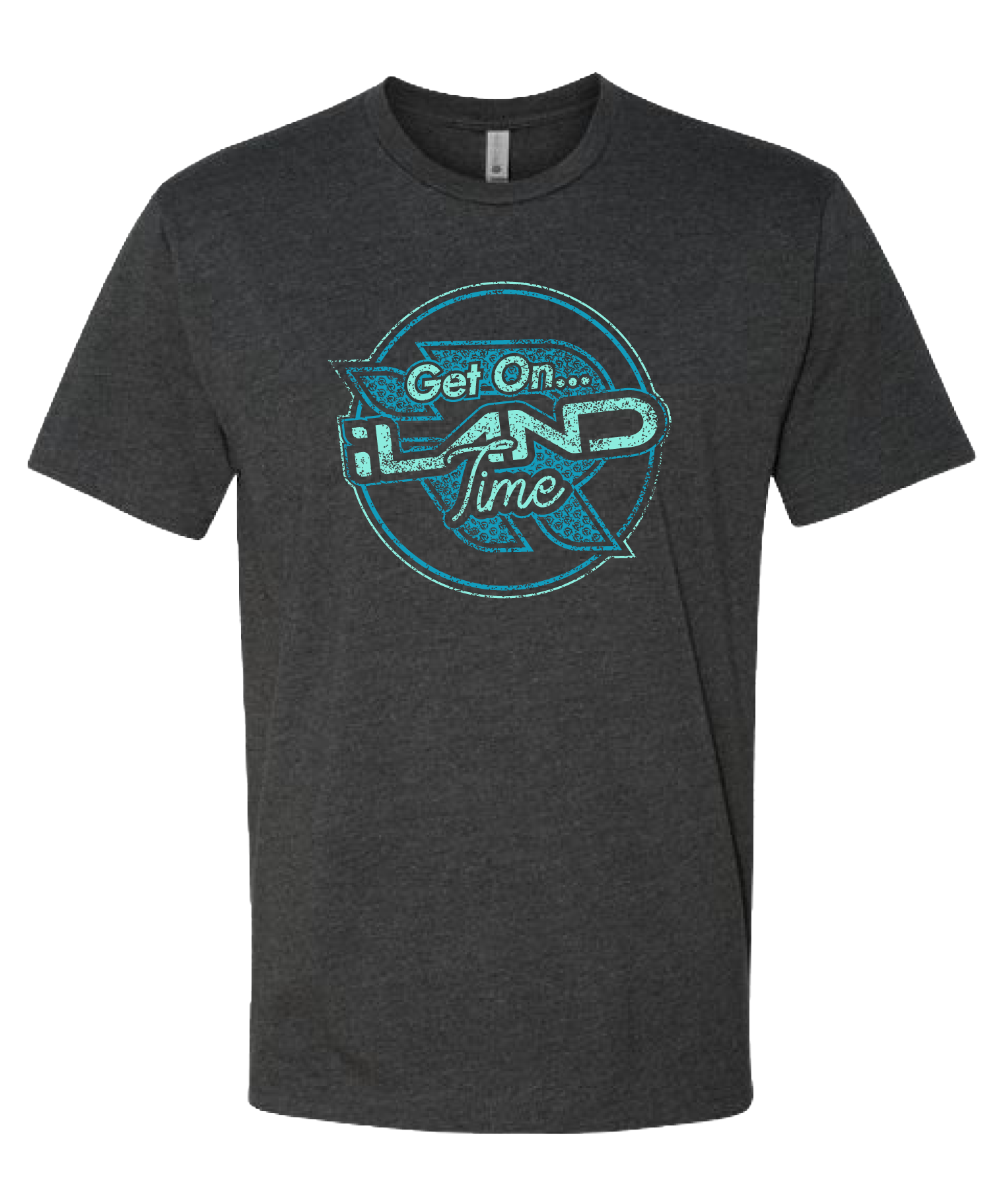 Dark gray T-shirt with a blue neon-style graphic that reads "Get On... iLand Time" inside a circular design.
