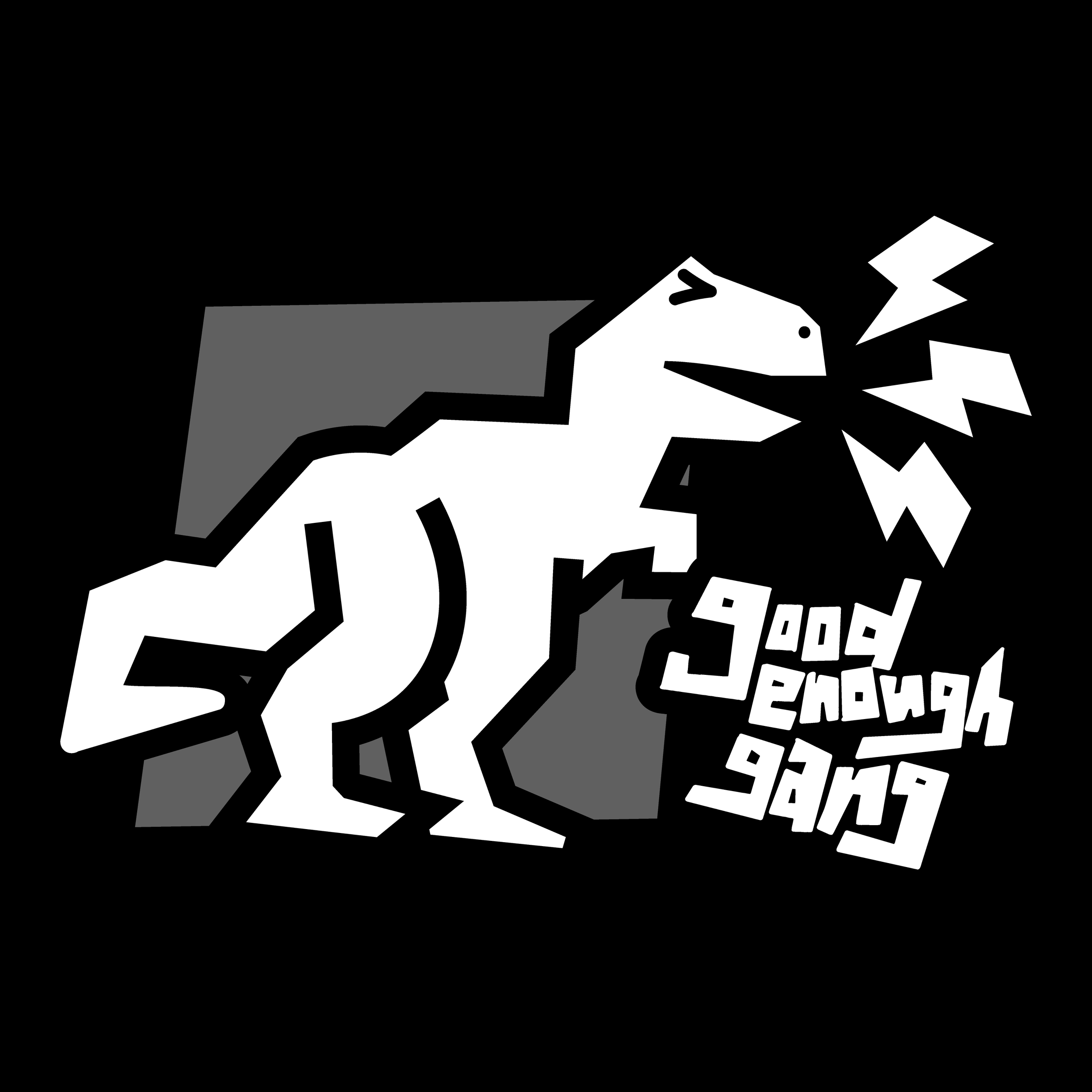 Stylized black and white graphic of a lion with a mane, facing right, with geometric mountains and text elements around it.