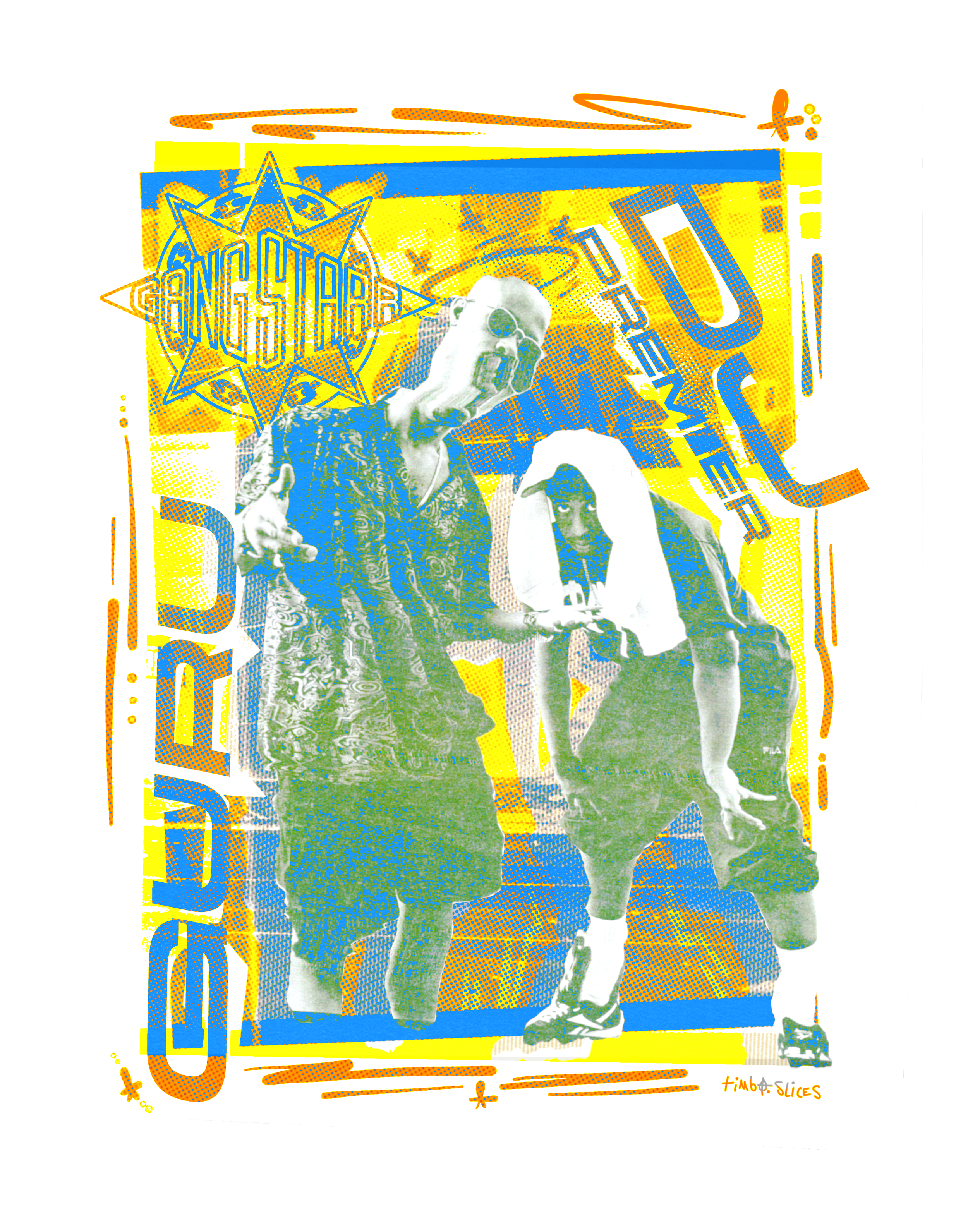 A stylized, colorful collage of two young men, one praying and the other taking a selfie. The background features pop art elements with words like 'DREAMER,' 'STAR,' and 'GANGSTAR' in bold fonts, using blue, yellow, and orange colors.