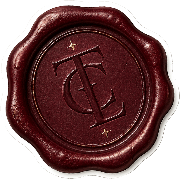 Close-up of a red wax seal with a gold emblem and the intertwined letters 'T', 'C' and 'L' in the center.