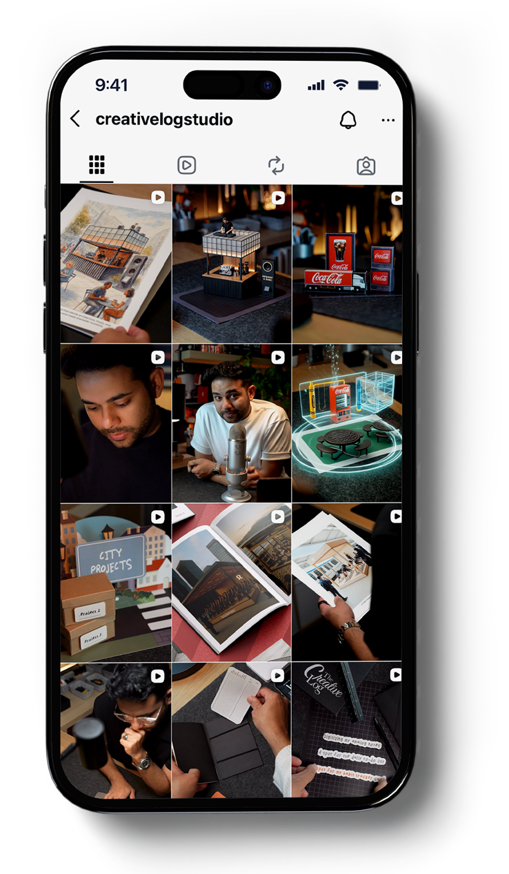 Instagram profile page for 'creativelogstudio' showing a grid of various creative and tech-related projects, including models, videos of design concepts.