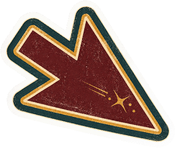 A vintage-style arrow sticker with a red arrow and yellow border, pointing downward right.