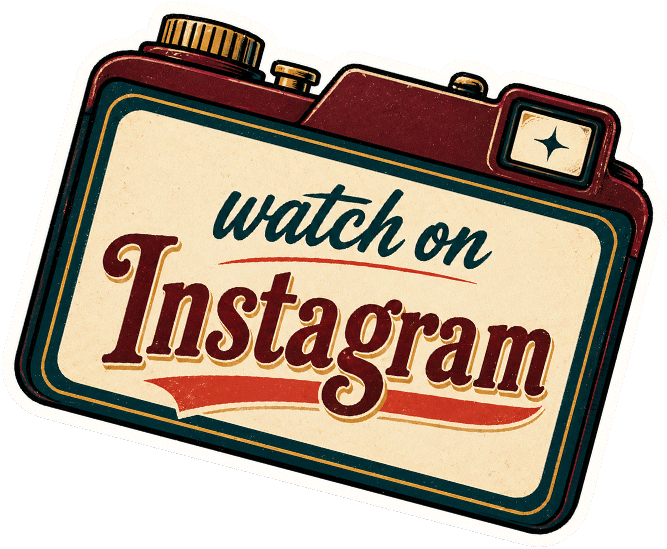 Vintage camera with a sign reading 'watch on Instagram'