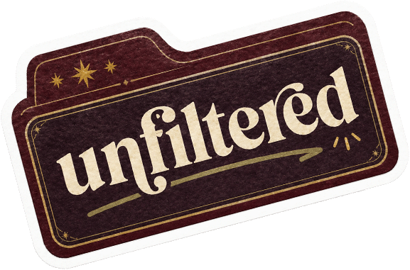 A sign with the word 'unfiltered' written on it, featuring three stars and decorative lines, with a dark background and gold accents.