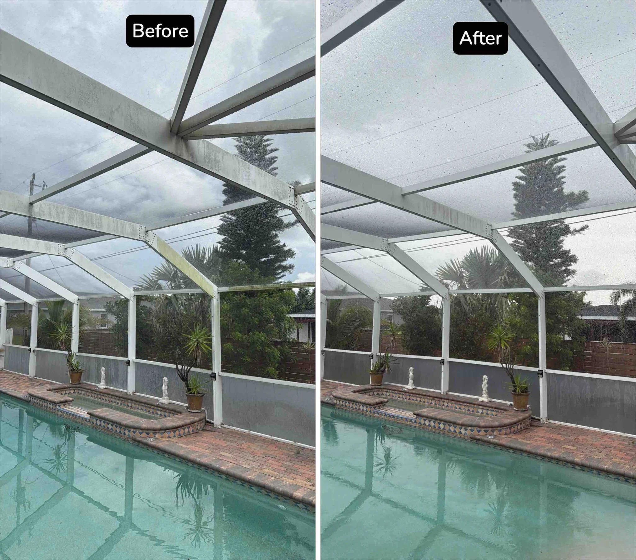 Side-by-side comparison of a pool enclosure before and after a cleaning, showing clearer and more transparent screens in the after image.