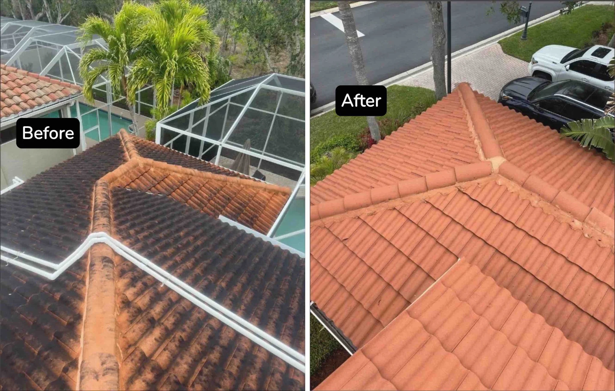 A split image showing a house roof before and after a cleaning and restoration. The left side shows a dirty, blackened tile roof with moss, while the right side displays a clean, reddish tile roof after restoration.