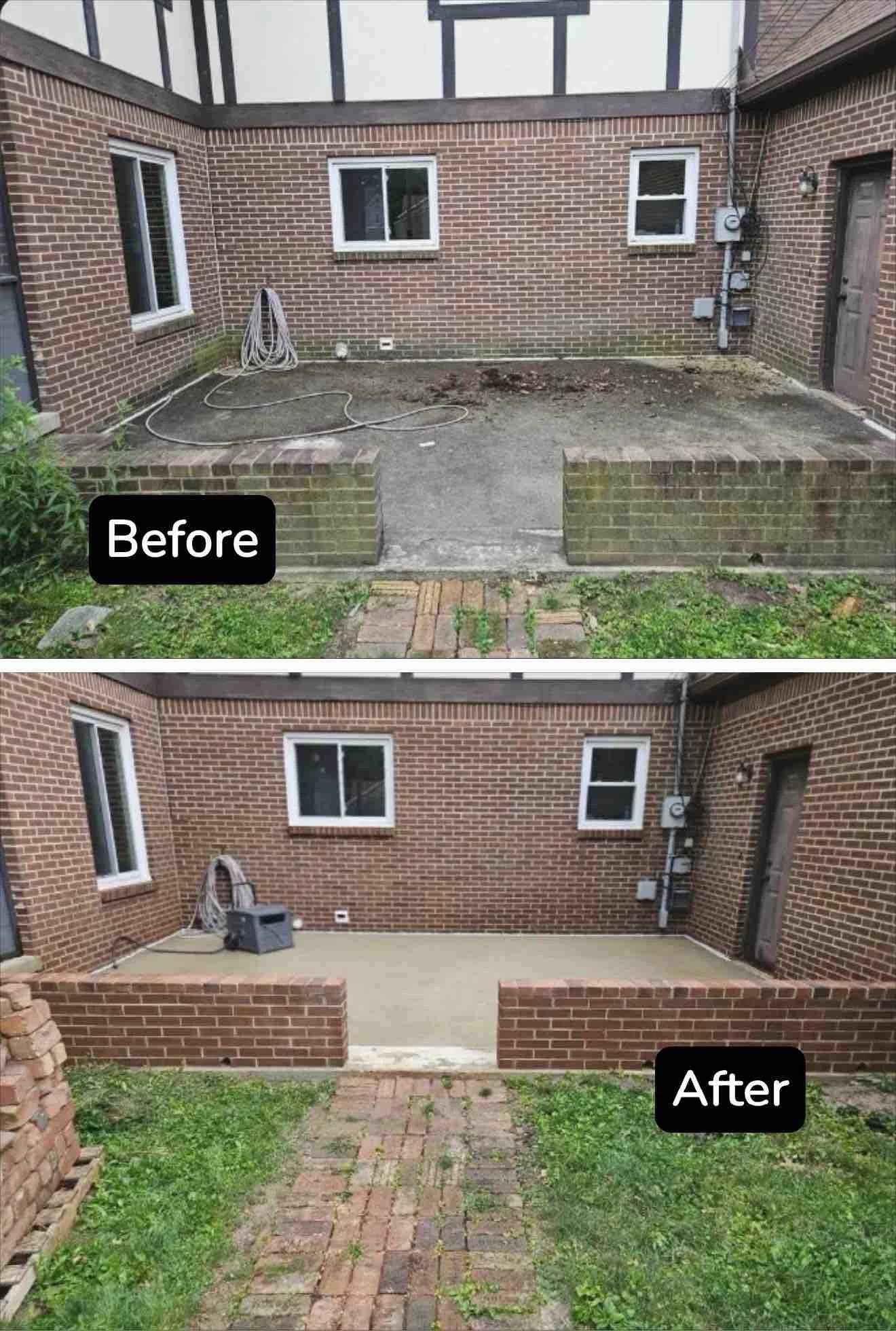Before and after images of a renovated backyard patio with new concrete surface and brick boundary wall, replacing the old dirt and weeds.