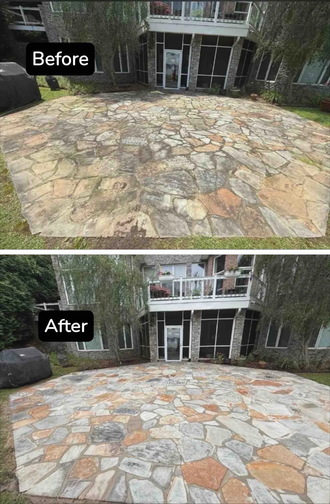 Comparison photo of a backyard patio before and after renovation, featuring flagstone paving in front of a house with large windows and a balcony. The patio is cleaner and more vibrant in the "after" image.