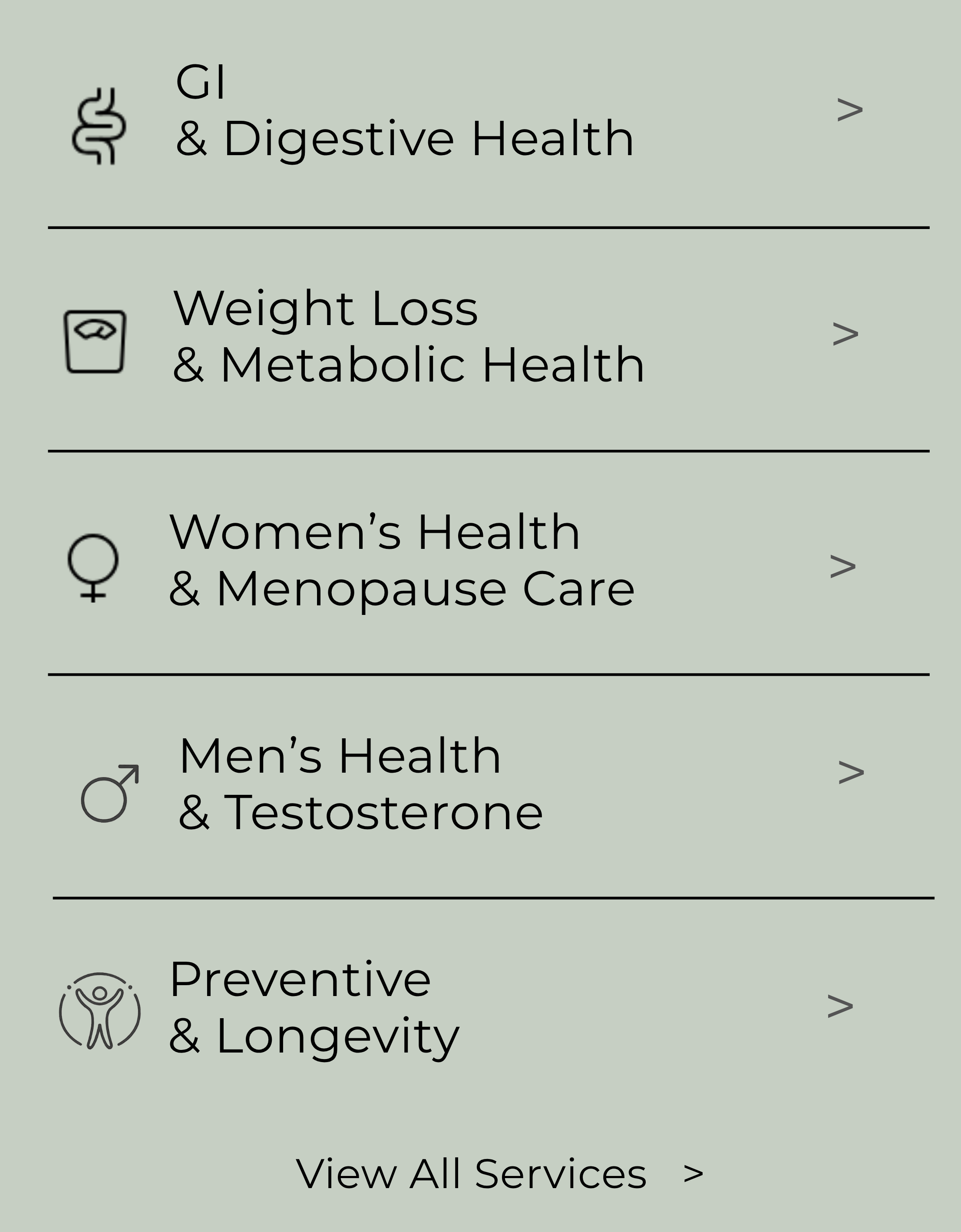 Santé areas of care: gastroenterology and digestive health, weight loss and metabolic health, women's health and menopause care, men's health and testosterone, and preventive and longevity medicine
