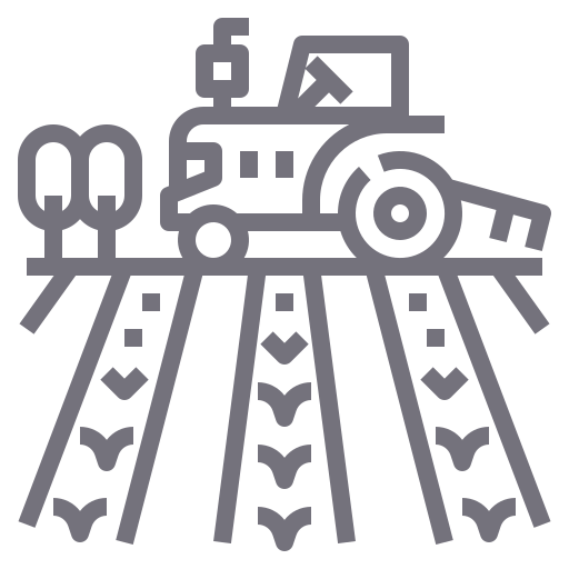 Ícono de agroindustria con tractor sobre campo cultivado, representando al sector agro atendido por Sistelo con soluciones tecnológicas a medida.