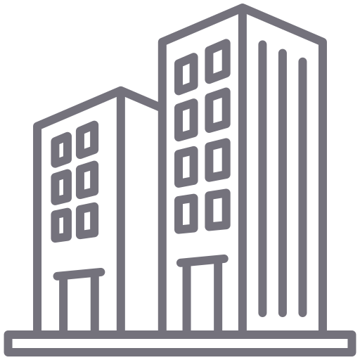 Ícono de edificios representando el sector de bienes raíces, donde Sistelo aplica tecnología para optimizar operaciones y procesos en real estate.