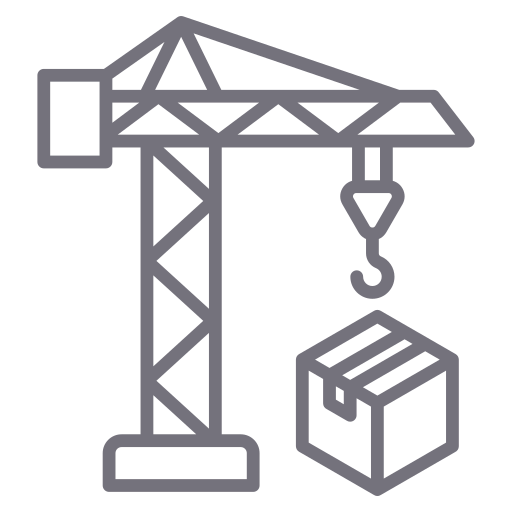 Outline of a tower crane lifting a cardboard box.