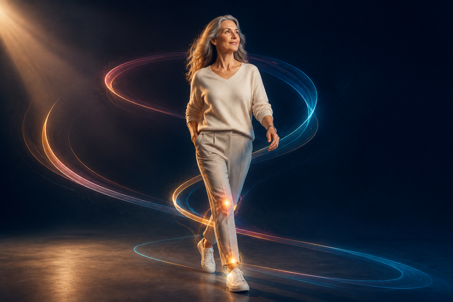 Generation X woman walking with luminous motion trails, representing health and mobility.