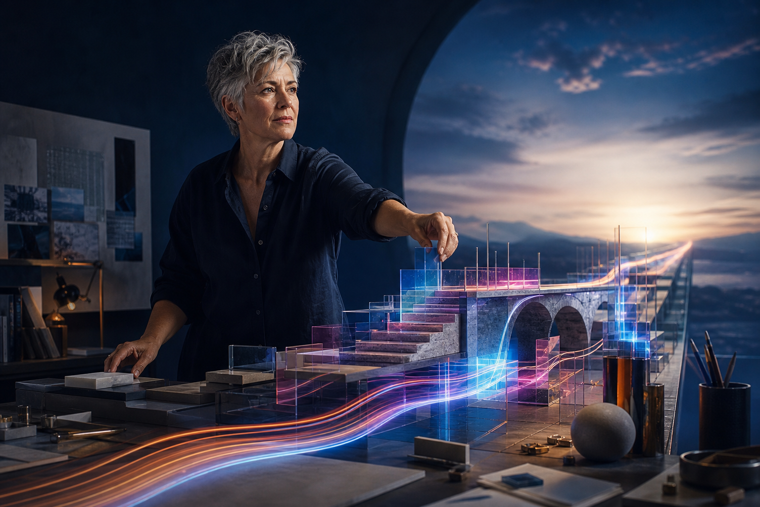 Generation X woman building a luminous bridge and staircase toward an open horizon.