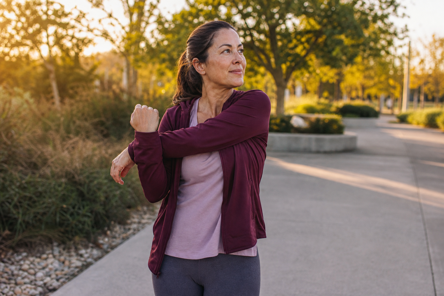 Gen X woman stretching outdoors for health and mobility