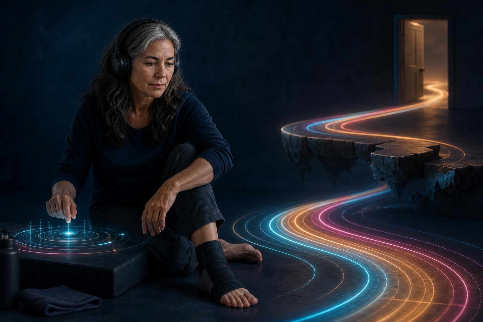 Generation X woman using movement technology as a luminous path bends around a broken gap.