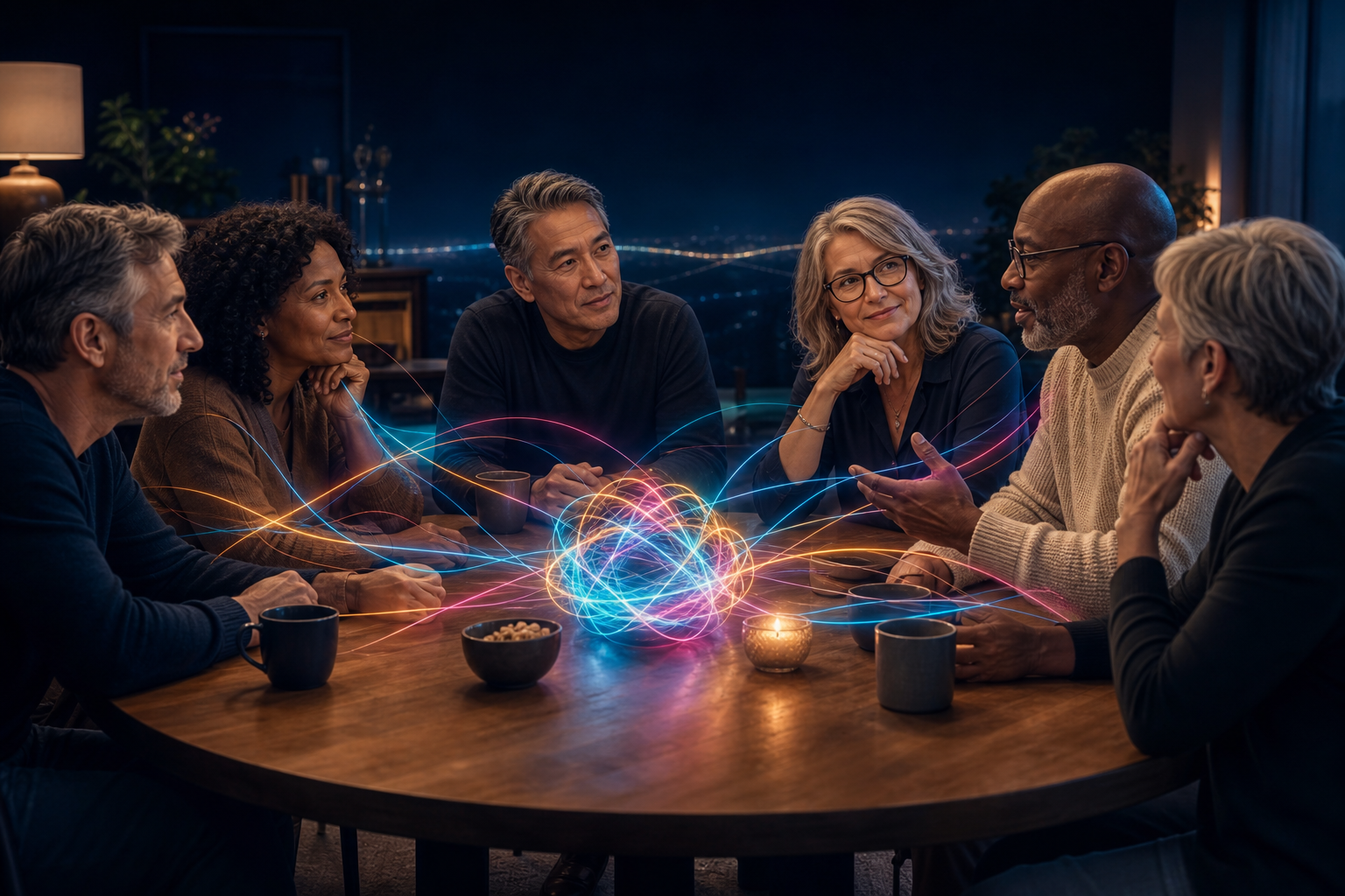 Generation X community discussing ideas around an abstract light representing AI.