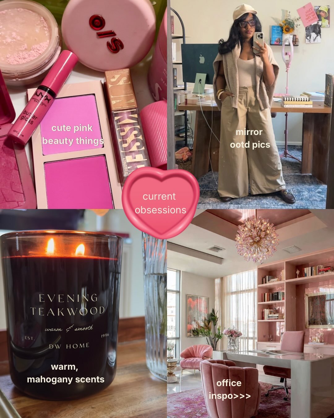 july&rsquo;s current obsessions 💗

1. It&rsquo;s clich&eacute;, but a Libra &amp; pink beauty finds = 💕
2. More ootd pics, less second-guessing what to wear 
3. @homegoods @dwhomecandles are a must-have 🕯️
4. Inspired to go back to my old office d