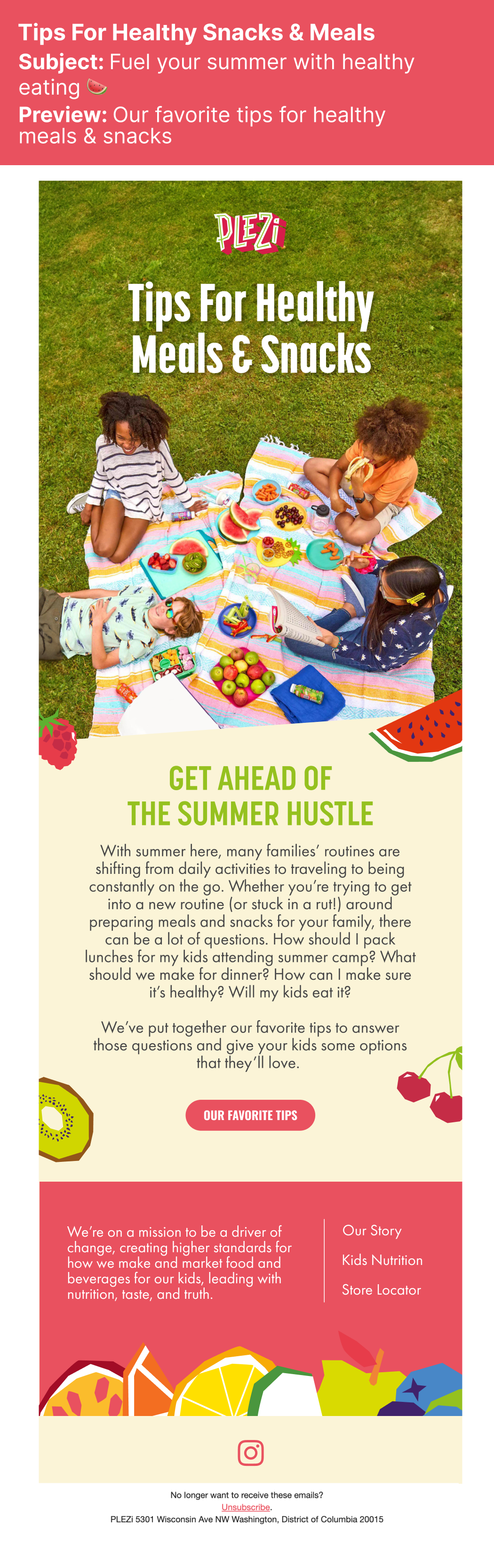 Children having a picnic on a grassy field with plates of fruit and snacks, some reading and relaxing, under a colorful banner for tips on healthy snacks and summer meal planning.