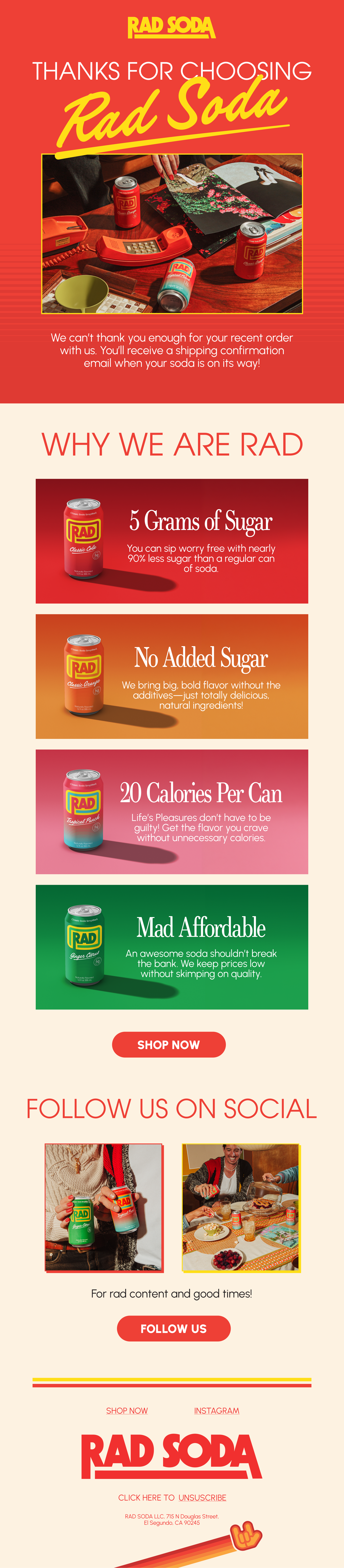 An advertisement for Rad Soda featuring a red background with images of soda cans, and various information about the soda's benefits, social media follow options, and a call-to-action button.