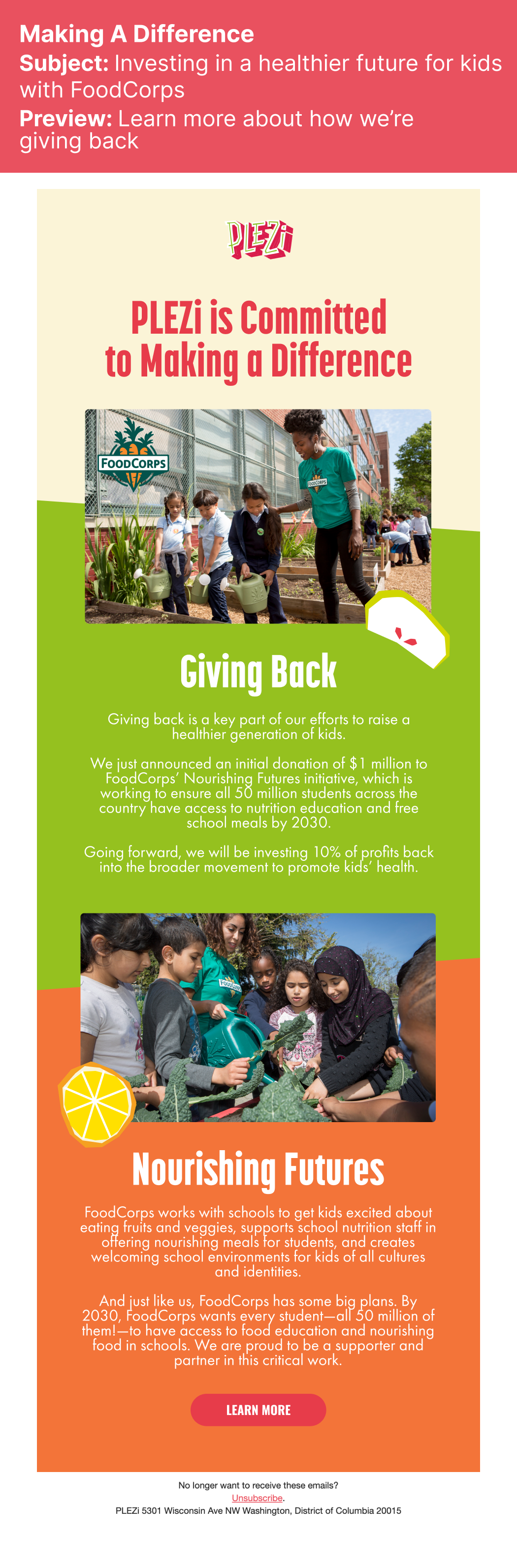 A colorful brochure for FoodCorps featuring images of children and adults gardening and learning about nutrition, with headlines about commitment to making a difference and nourishing futures.