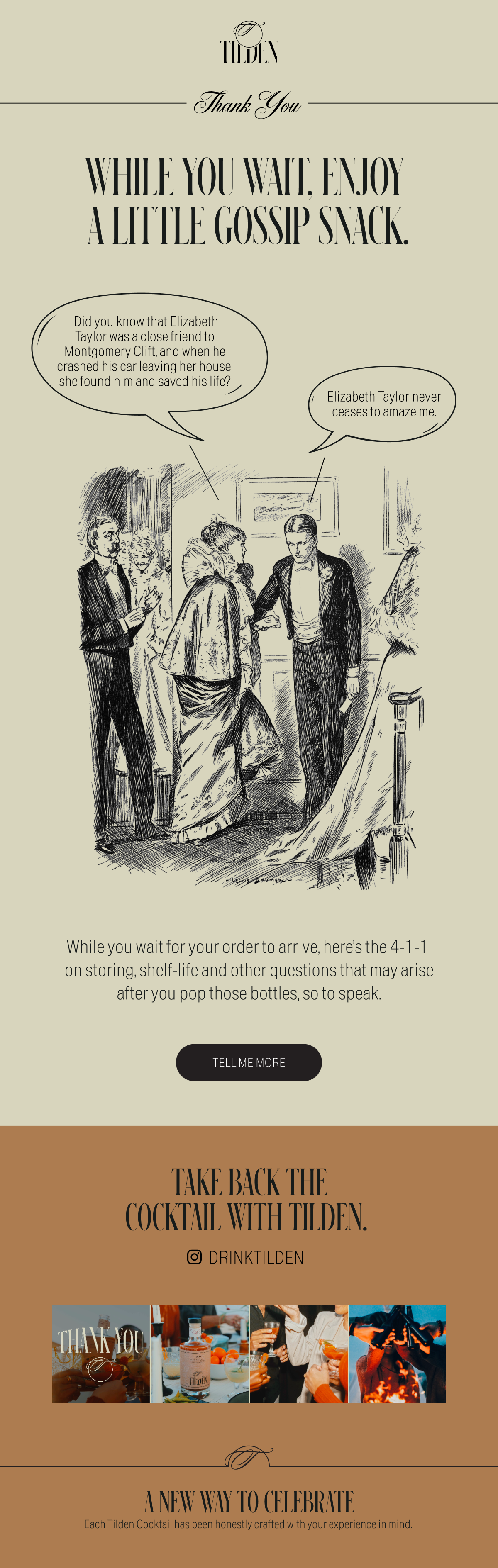 Vintage-style promotional poster for Tilden, featuring a black and white illustration of a formal gathering with speech bubbles, promoting gossip snacks and Tilden cocktails, and including social media info and images of cocktails and social scenes.
