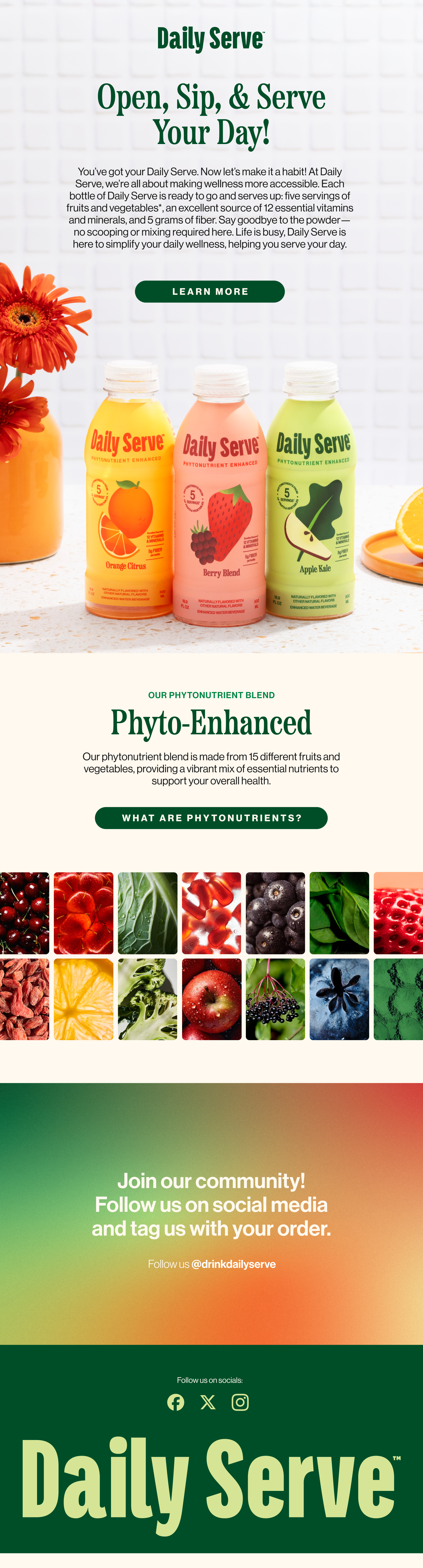 An advertisement for Daily Serve plant-based juice drinks featuring three bottles labeled Orange Citrus, Berry Blend, and Apple Kale, with flowers, sliced oranges, and a colorful gradient background.