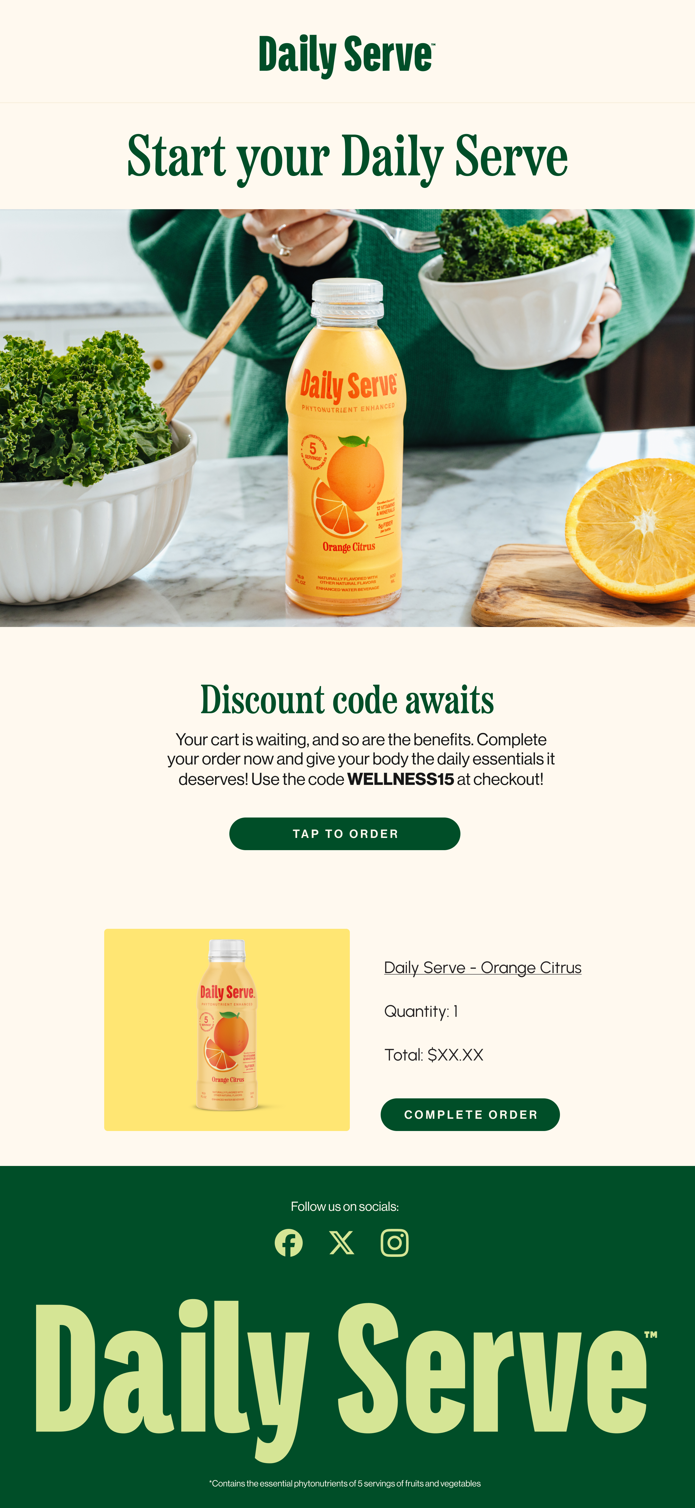 Promotional advertisement for Daily Serve Orange Citrus beverage featuring a woman holding a bowl of greens, a bottle of the drink, a halved orange on a cutting board, and a call-to-action for ordering with a discount code.