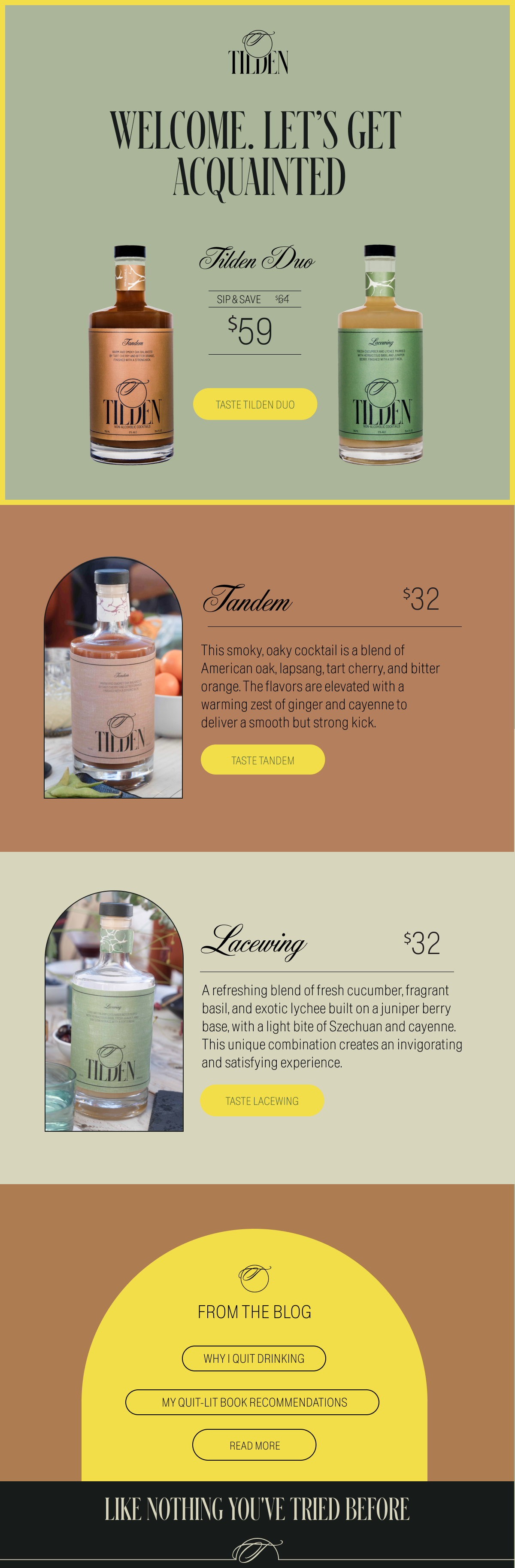 A promotional webpage for Tilden spirits featuring a green background section with bottles of Tilden Duo liqueur, priced at $59, and a yellow button labeled 'Taste Tilden Duo'. Below, a brown section displays a bottle of Tandem cocktail for $32 with