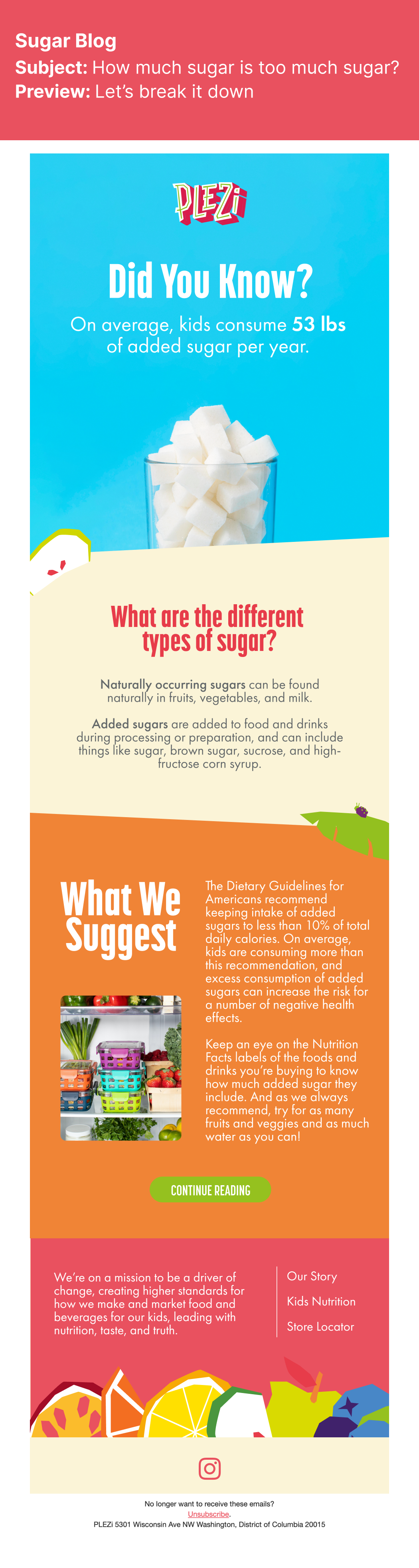 Infographic from Plezi explaining how much sugar kids consume and types of sugar, with a glass of sugar cubes, colorful fruits, and vegetables at the bottom.
