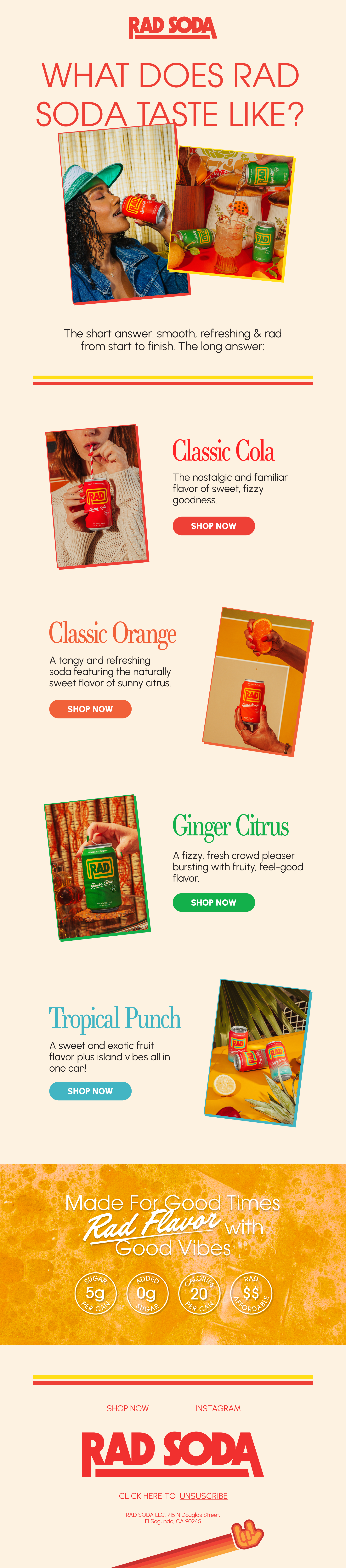 An advertisement for Rad Soda featuring four flavors with descriptions and buy buttons: Classic Cola, Classic Orange, Ginger Citrus, and Tropical Punch, with a woman drinking from a can at the top.