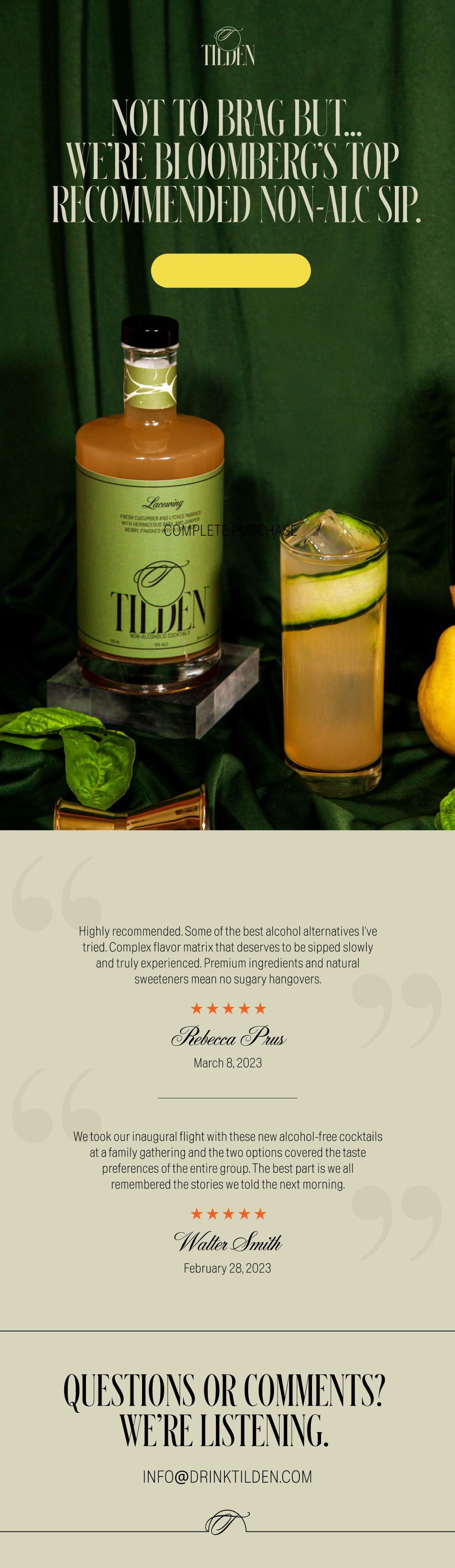 Display of Tilden non-alcoholic cocktail with cucumber and lychee, accompanied by a glass filled with a light-colored drink, cucumber slices, fresh basil, and lemon, with promotional text for the drink and customer reviews.