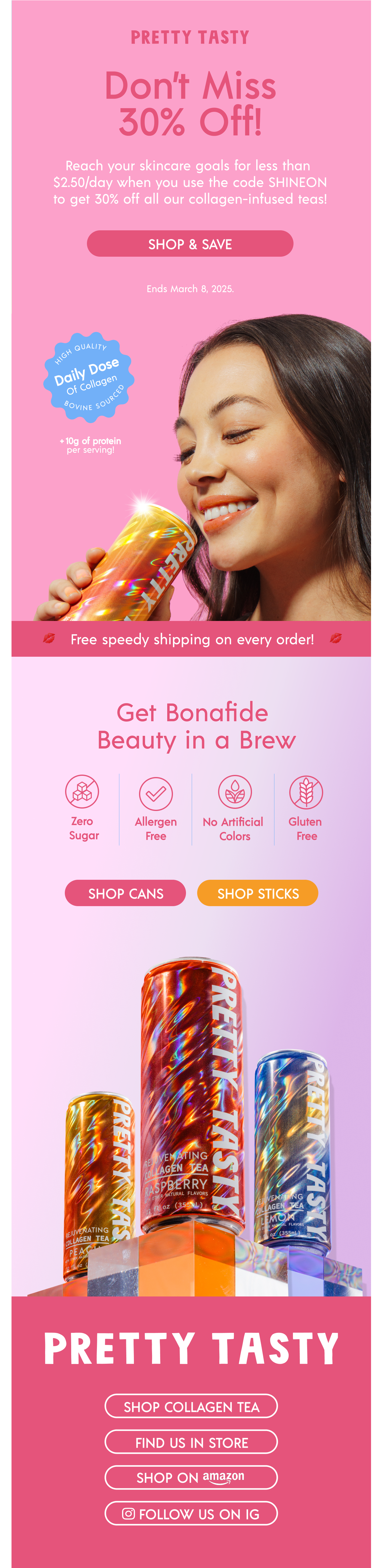 Promotional flyer for skincare and collagen tea products featuring a smiling woman holding a sparkling golden can of Pretty Tasty collagen tea, pink background, product images, and call-to-action buttons for shopping.