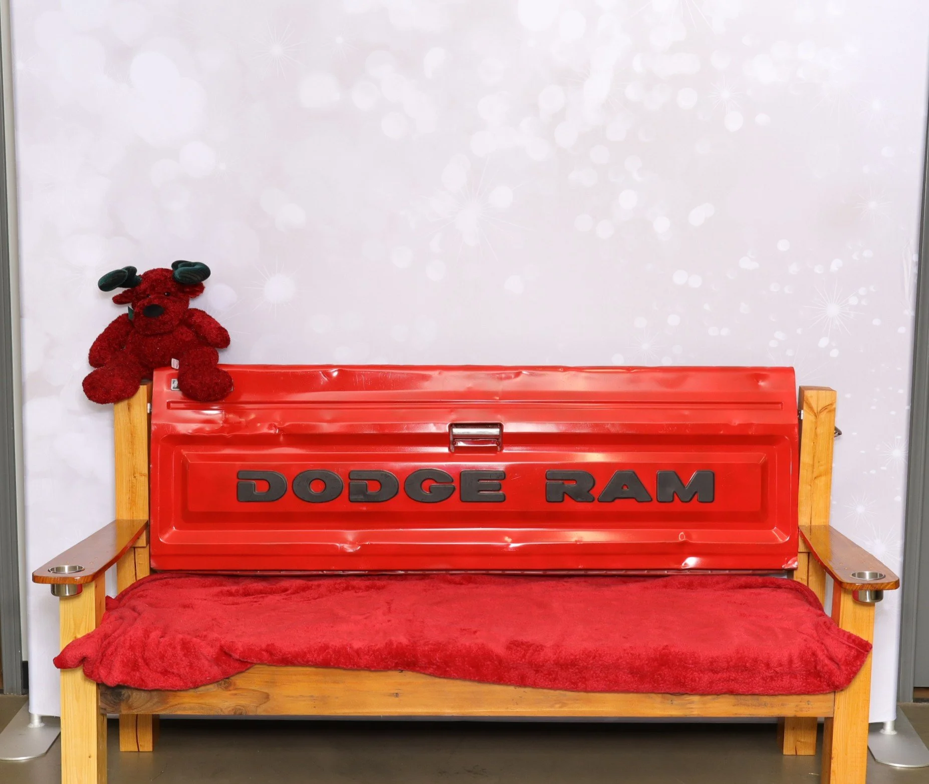 My backdrop (and stuffie) with client's bench