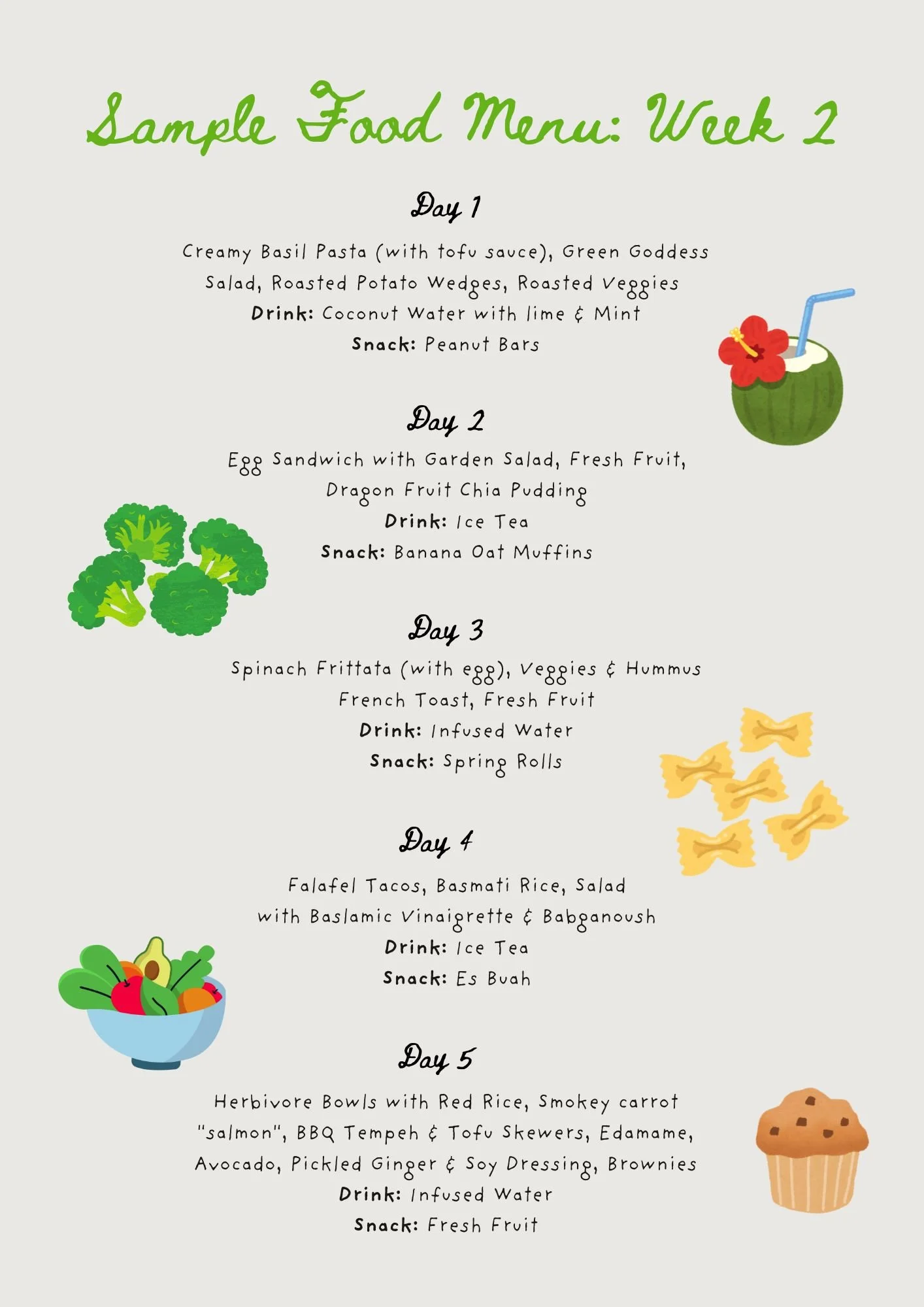 Sample food menu for week 2 with illustrations of a coconut with a straw, broccoli, pasta, a bowl of salad, and a muffin.