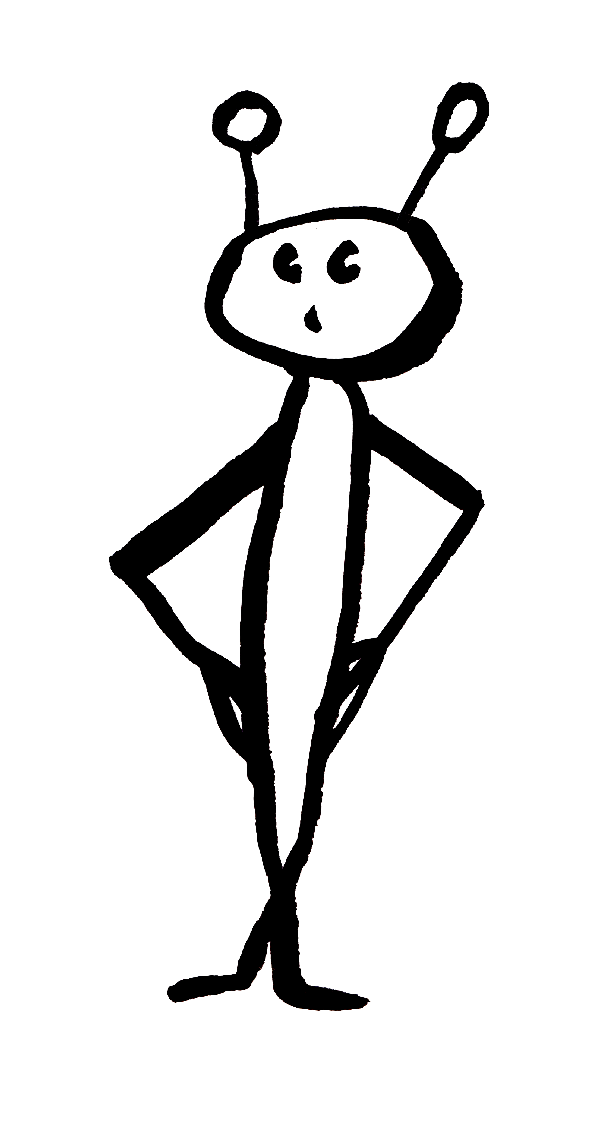 A simple line drawing of an anthropomorphic insect character with a round head, two antennae, large eyes, and a small mouth. The character has a slender body, arms akimbo, and stands on two legs.