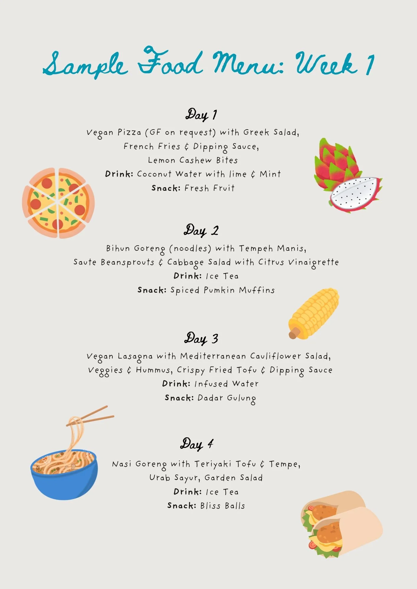 Sample food menu for week 1 with illustrations of a pizza, dragon fruit, corn, noodles, a bowl of ramen, and a sandwich.