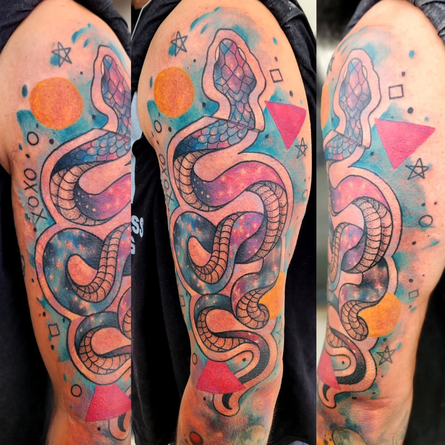Super fun original piece today! #indianatattooartist #90sTrash #watercolortattoo #abstracttattoo #galaxytattoo #snaketattoo