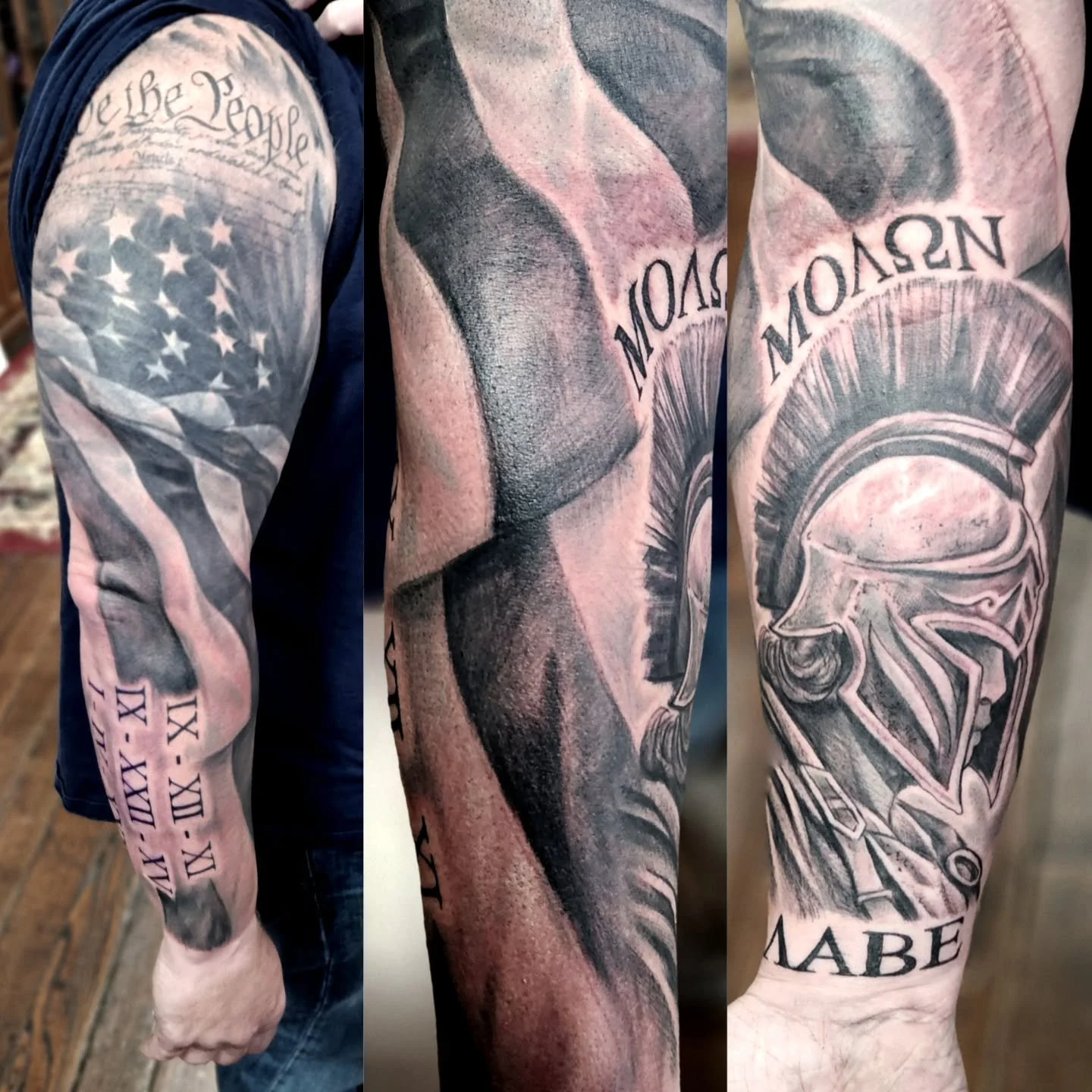 A big #patriotic #sleevetattoo #wethepeople #americanflagtattoo #spartantattoo #blackandgraytattoo #indianatattooartist
