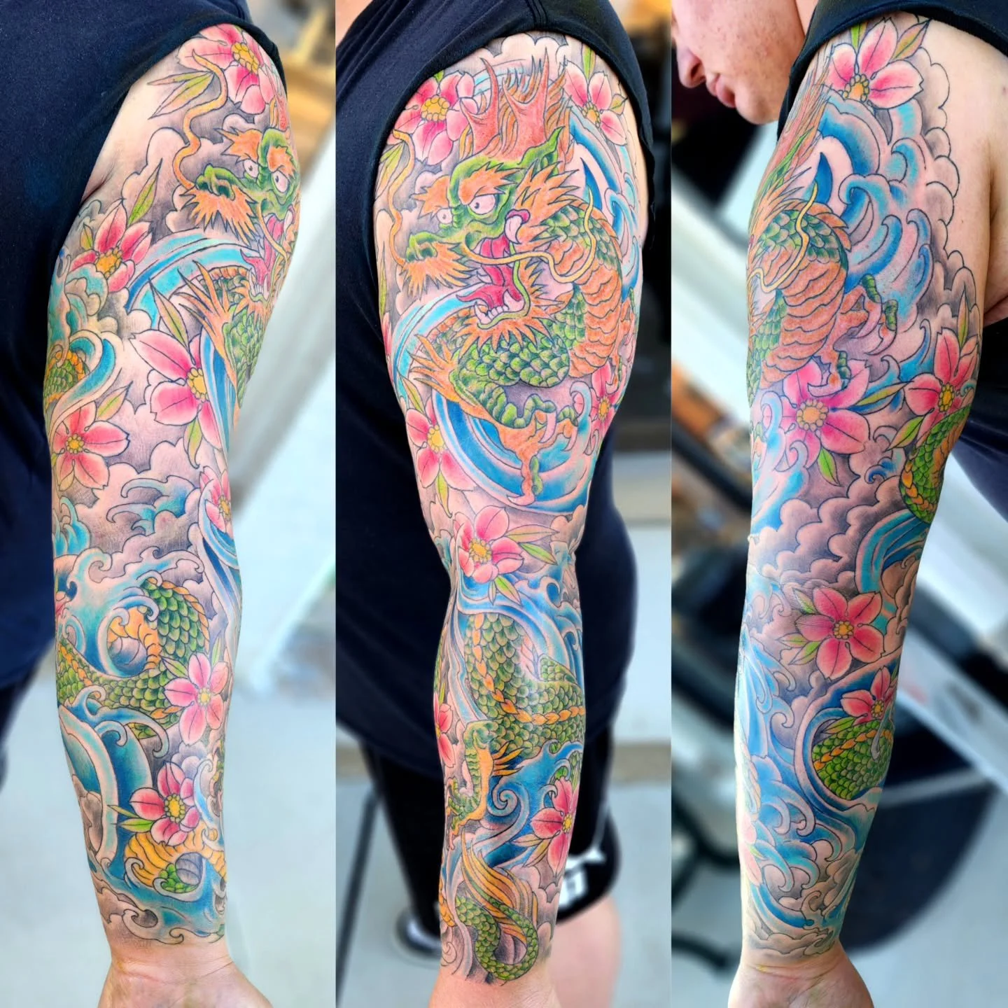 Super fun #dragon #sleevetattoo I finally got to finish. #tattoo #indianatattooartist #dragontattoo #japanesetattoo #colortattoo