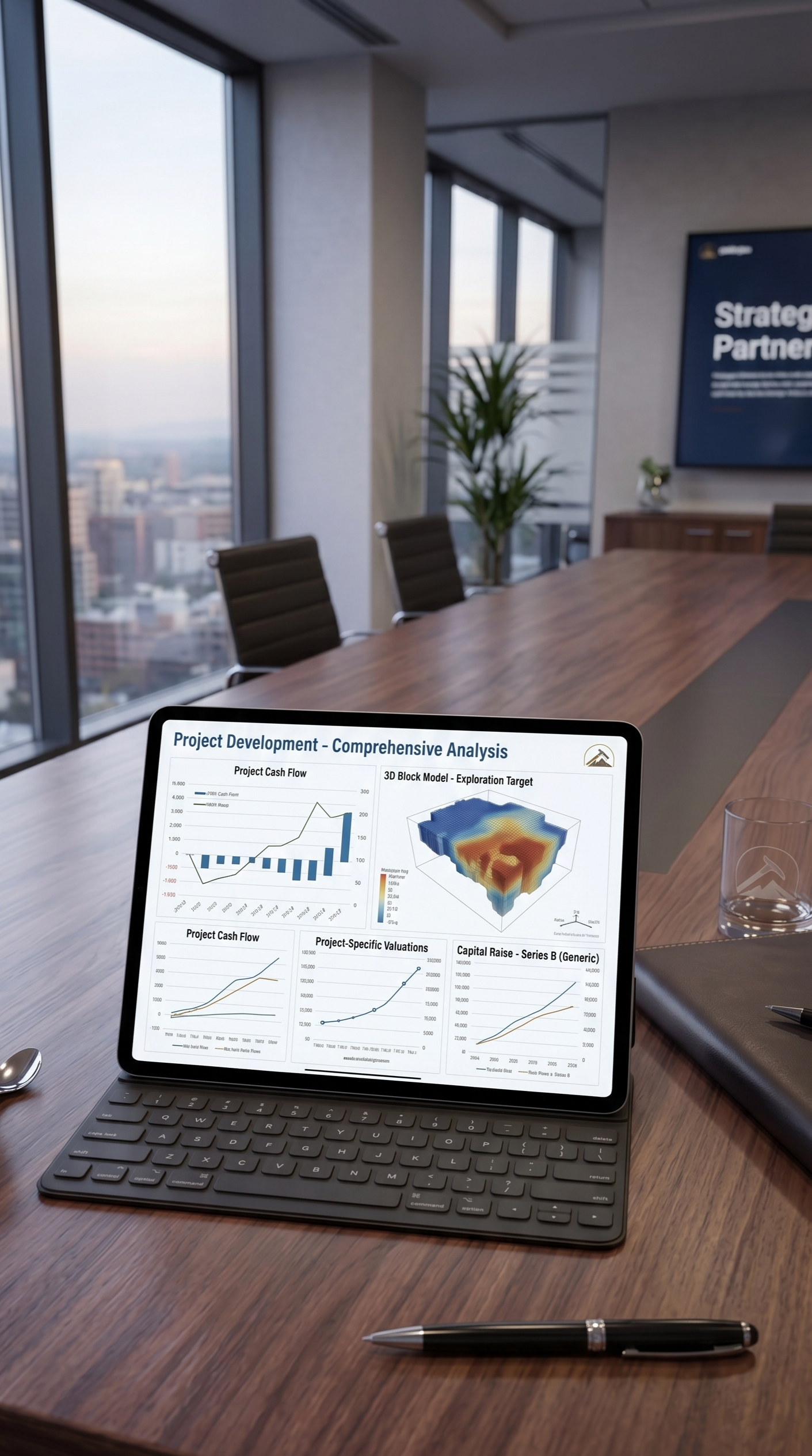 Tablet with business presentation on project development and analytics in a modern conference room.