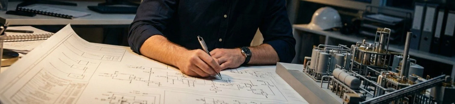 Man working on blueprints at a desk with industrial model and technical drawings.