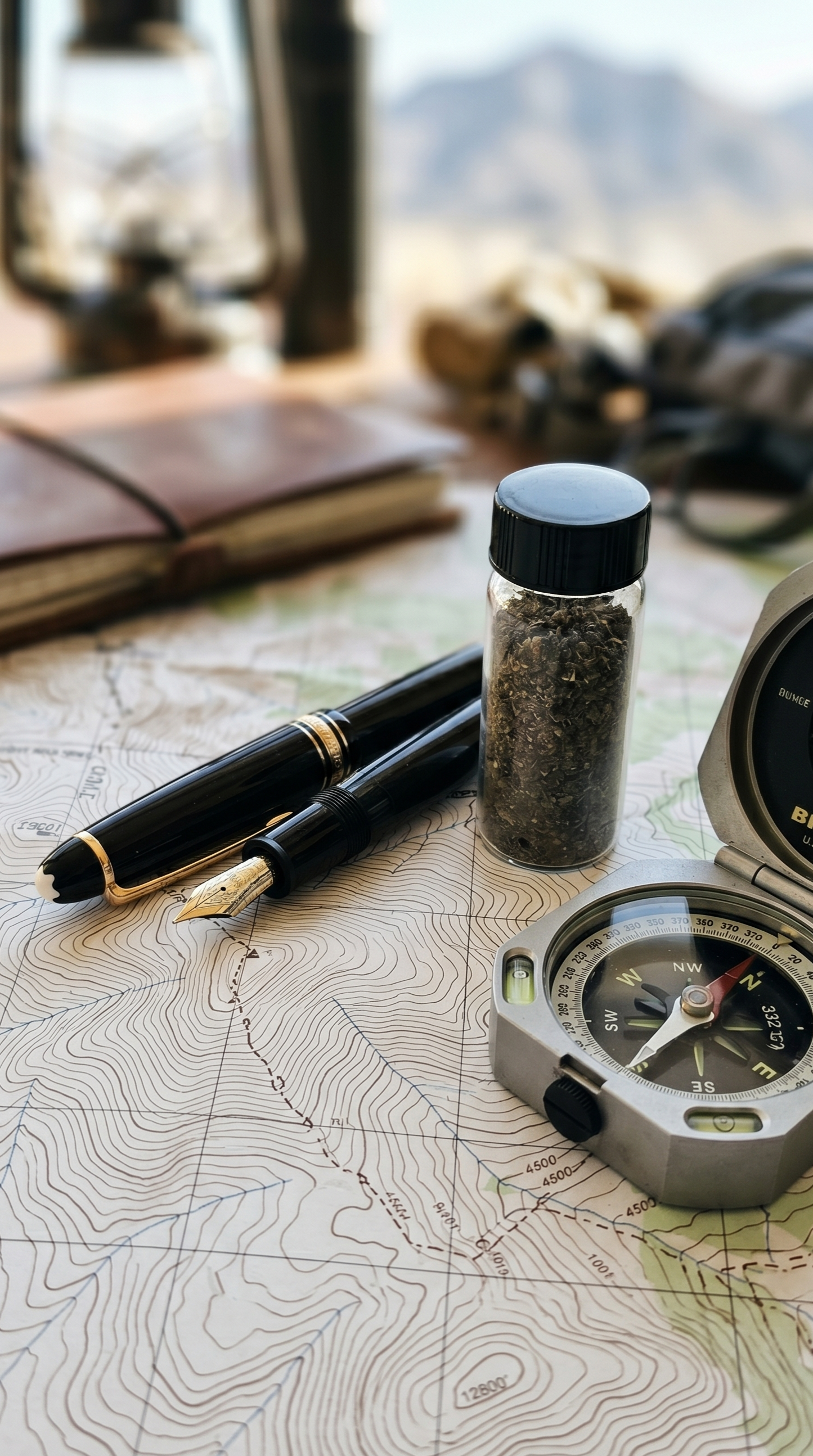 Topographic map with a fountain pen, a bottle of dried herbs, a compass, and a journal in the background, suggesting outdoor navigation and exploration.