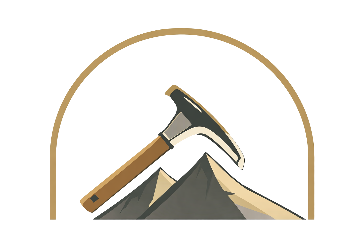 Illustration of a hammer resting on a mountain peak.