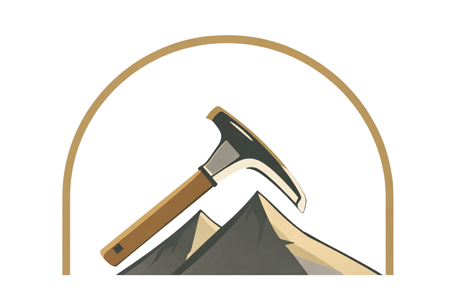 Illustration of a hammer embedded in a mountain peak, with a stylized background.