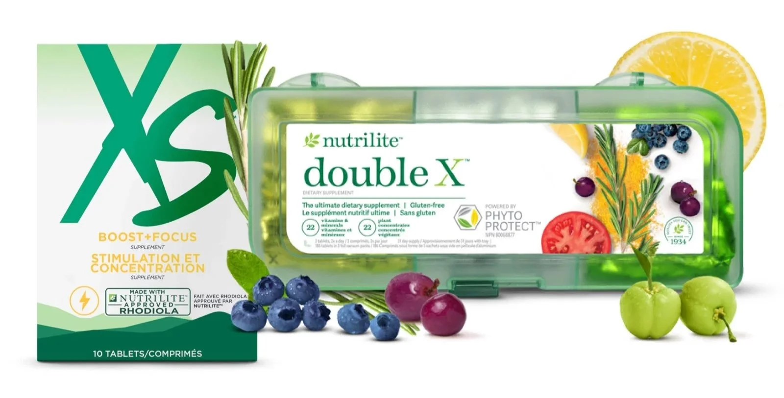 Nutritional supplement package with berries, lemon, and green apples.